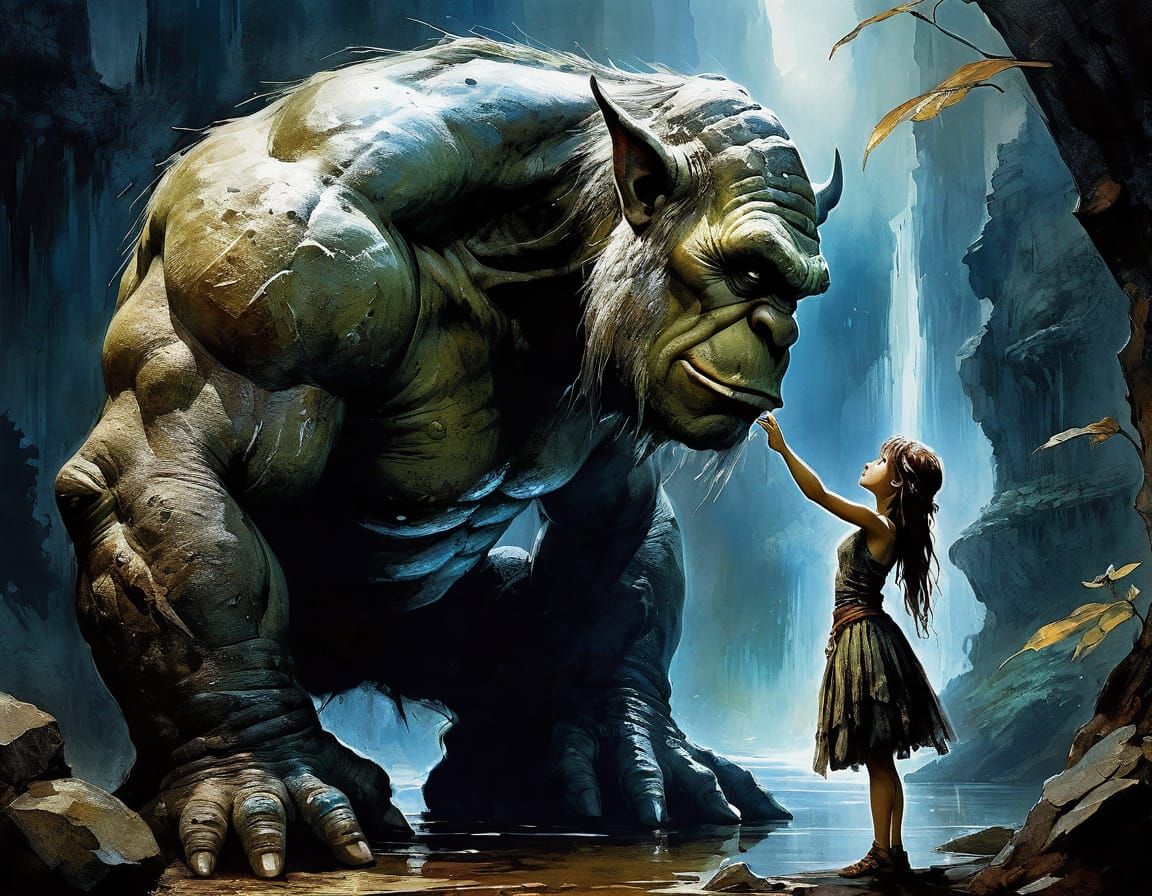 Tiny Fairy Gently Touches Kind Ogre's Nose
