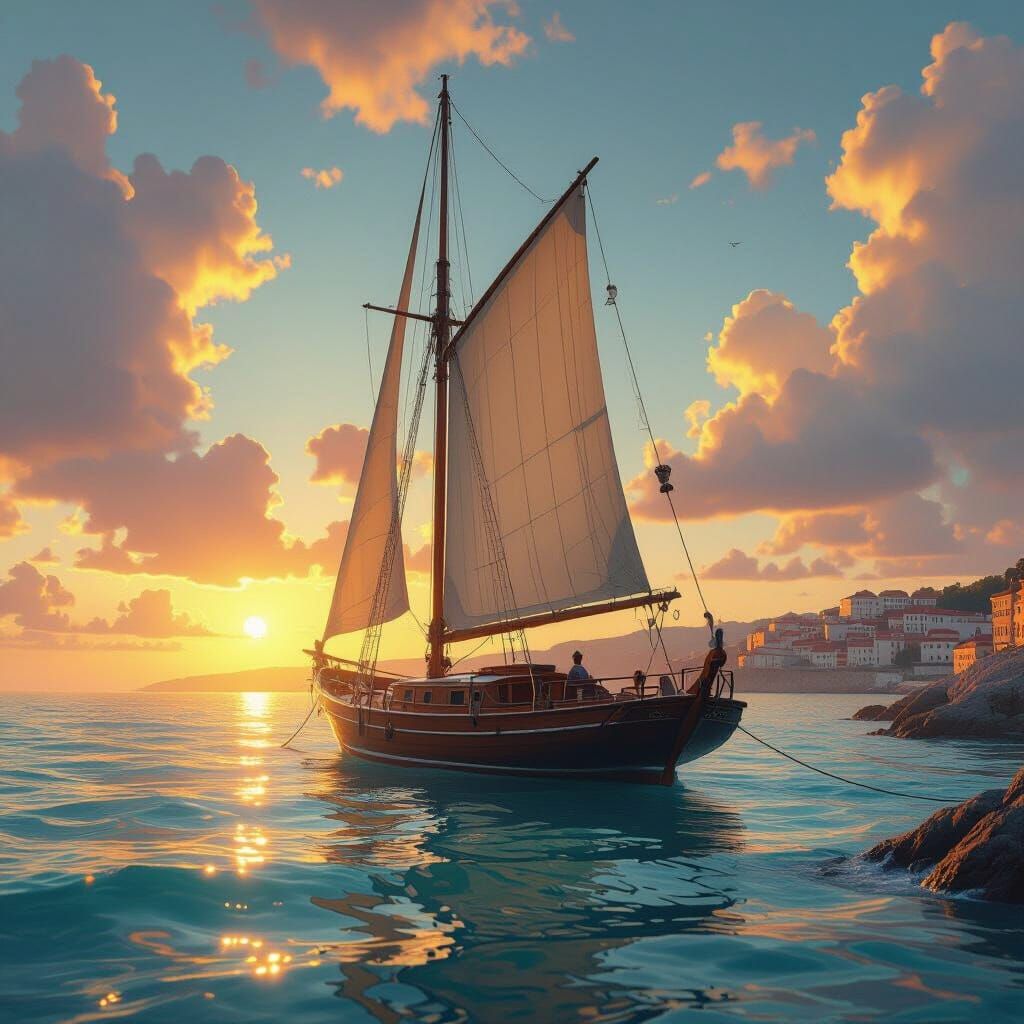 Sailboat Anchored off Portugal Coast: Matte Painting Style