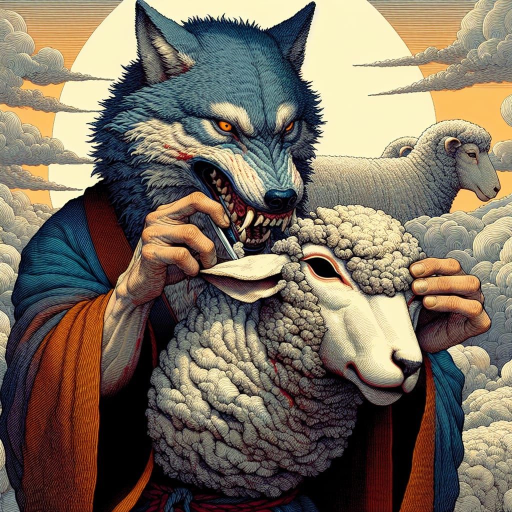 Ominous Wolf Unmasking in Ukiyo-e Style