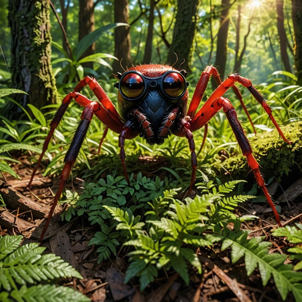 An ant spider with binoculars on its eyes basks in the sun r...