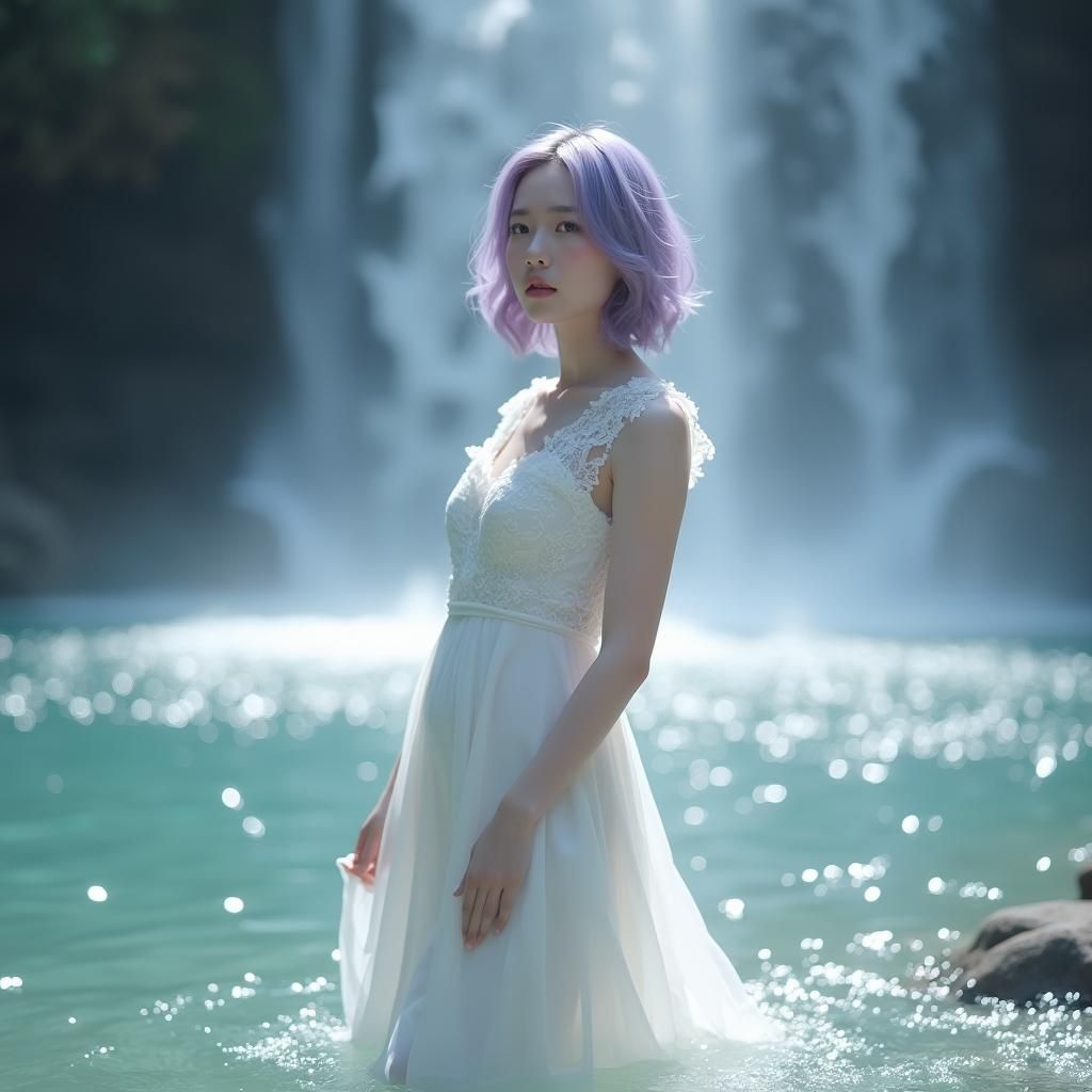 Dreamy Waterfall Portrait of Girl with Purple Hair