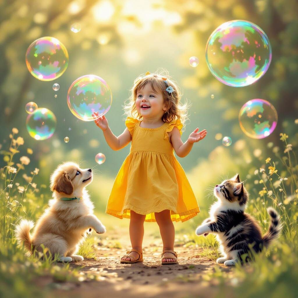 Child with Rainbow Bubbles in Beatrix Potter Style