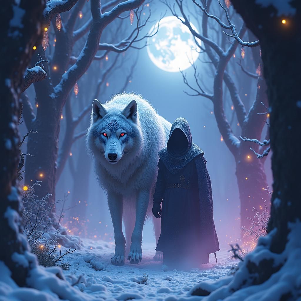 Mystical Snow Wolf and Assassin in Forest
