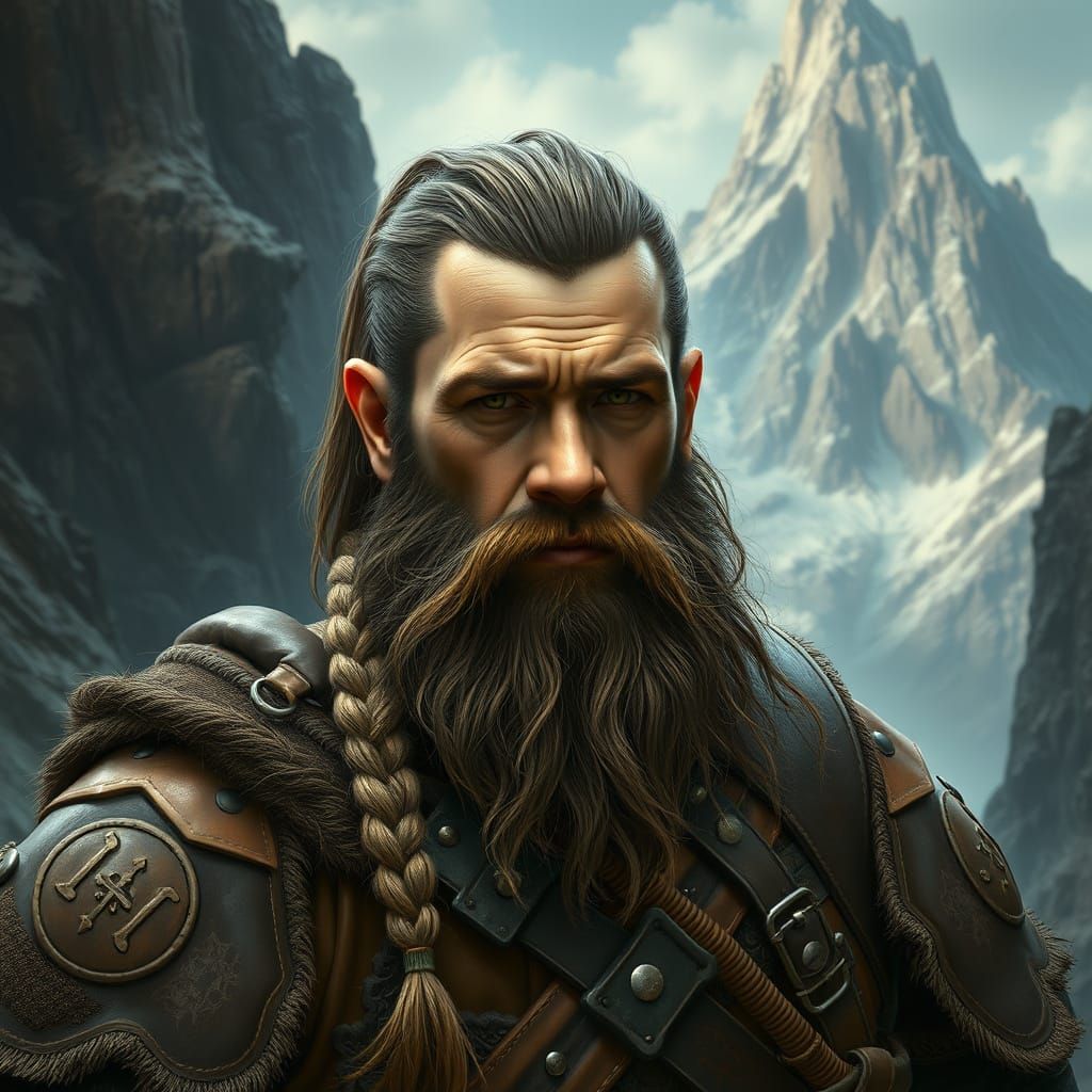 Hyper-Realistic Dwarf Barbarian in Mountainous Landscape