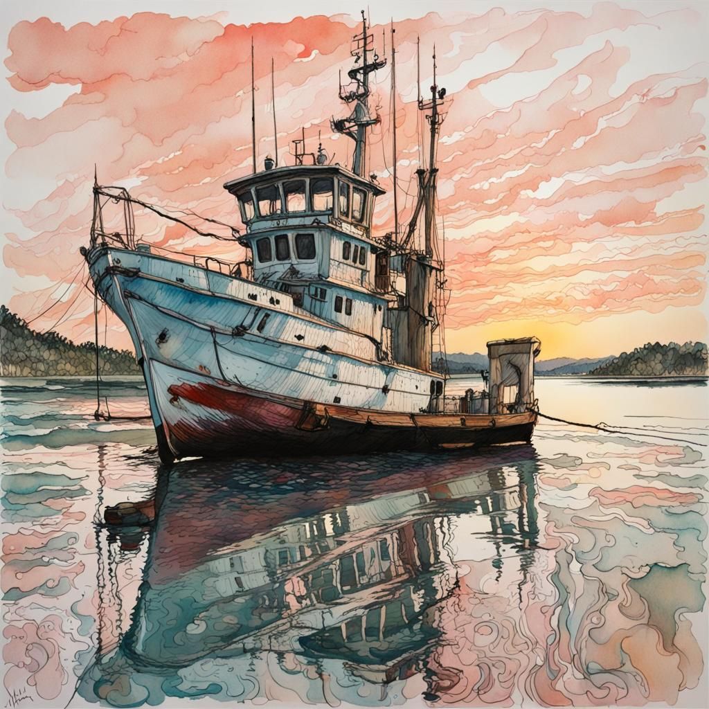 Old Trawler on Sunrise Bay: Brush Pen Drawing