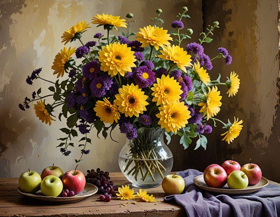 Impressionistic Still Life: Flowers and Fruit on Table