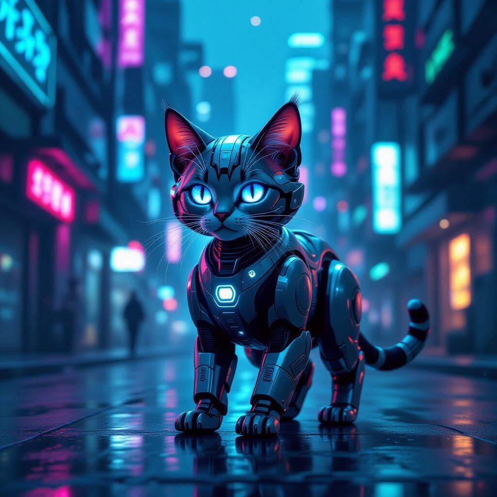 Robotic Cat in Neon Cyberpunk City