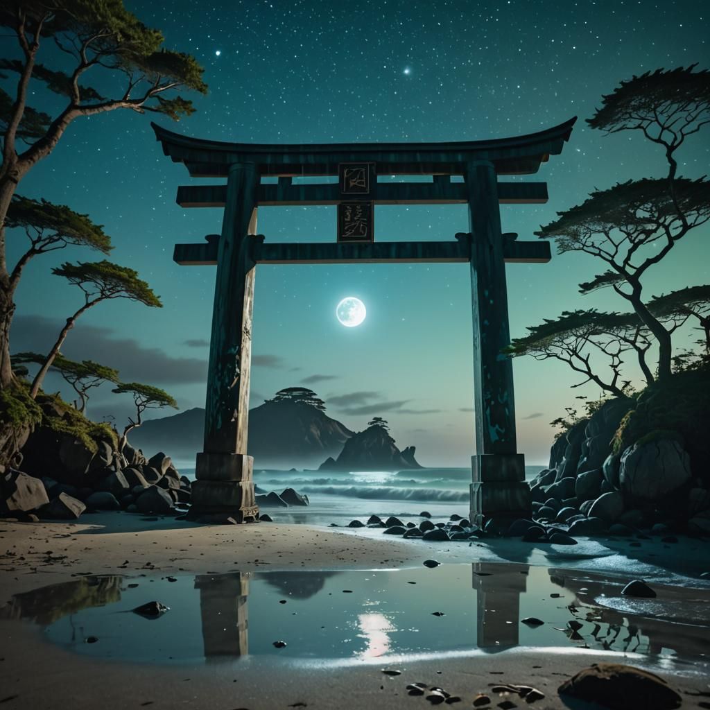 Bioluminescent Tori Gate on Misty Beach