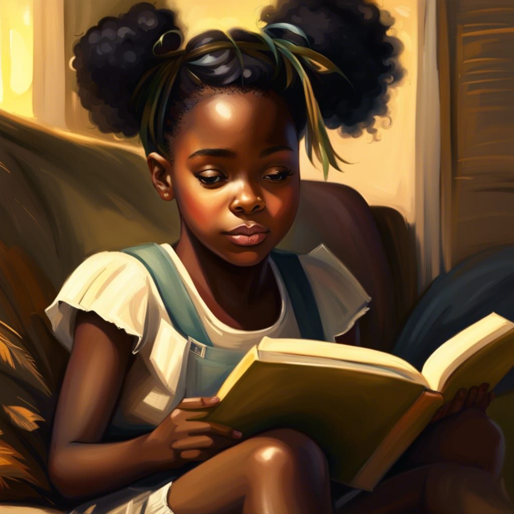 African American Girl Reading Story Book