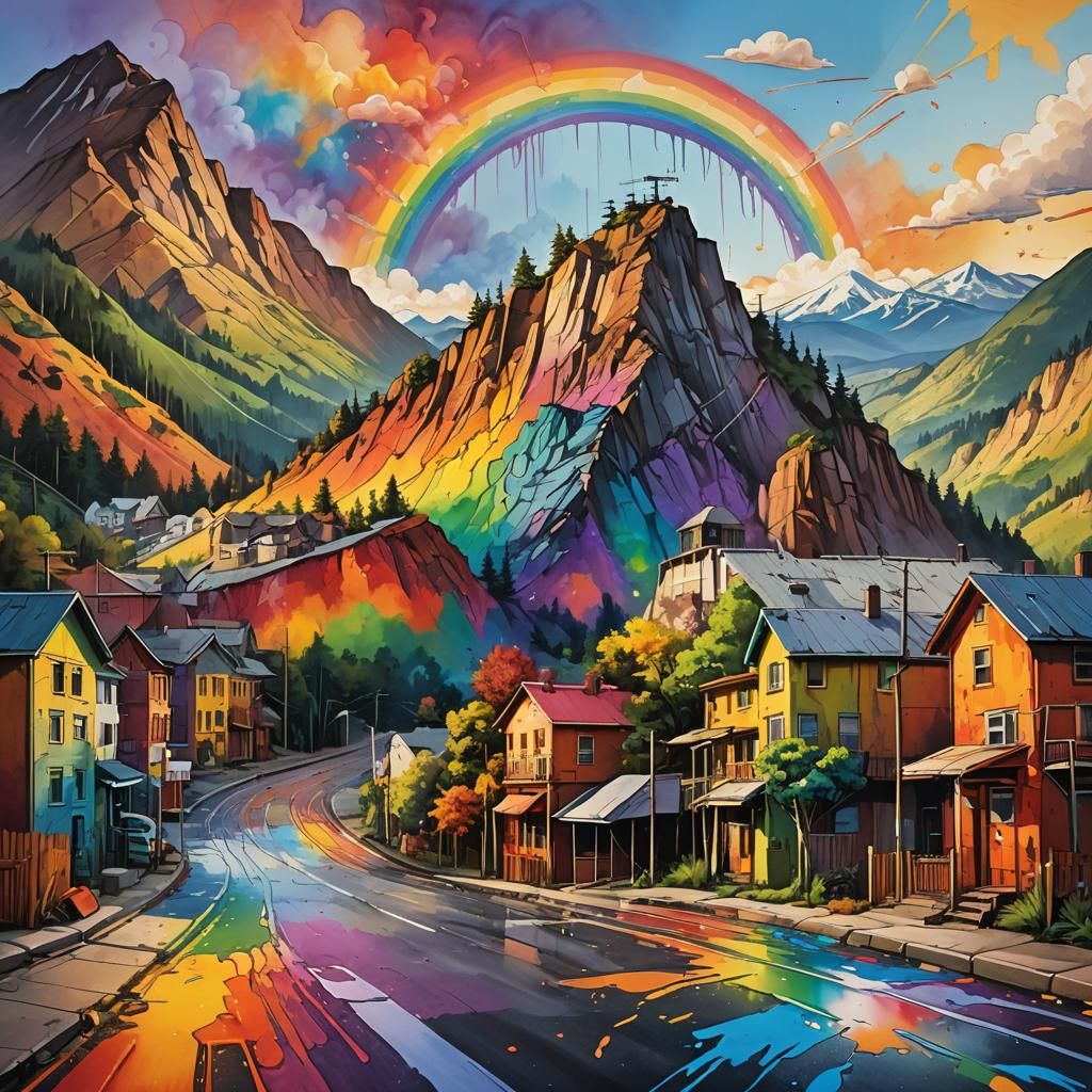 Stylized Rainbow Rises Above Rustic Mountain in Street Art