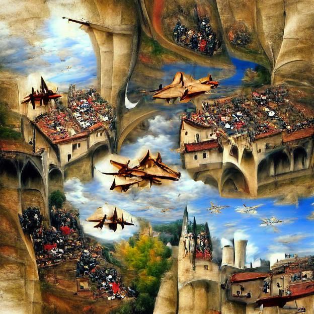 Fighter Jets Over Medieval Cityscape