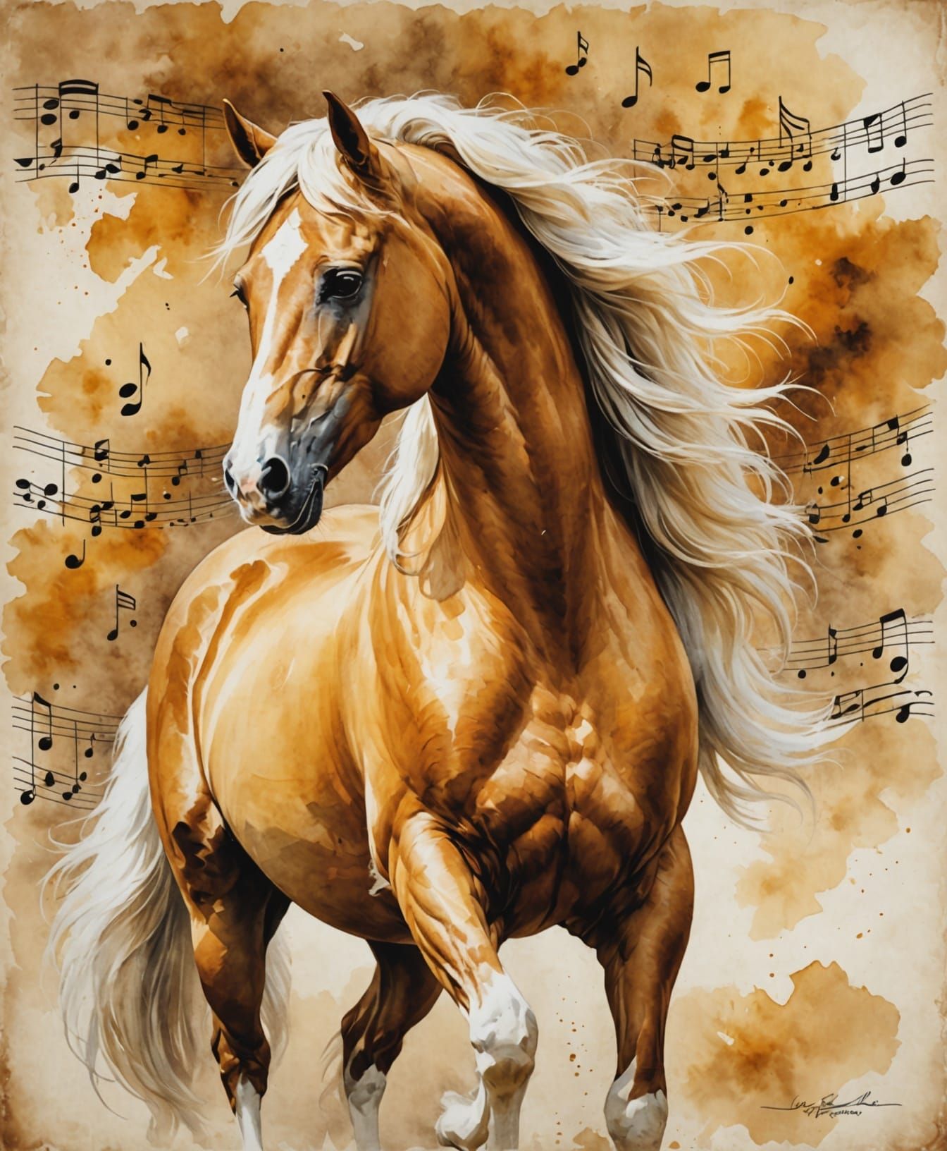 Golden Arabian Stallions in Elegant Watercolor