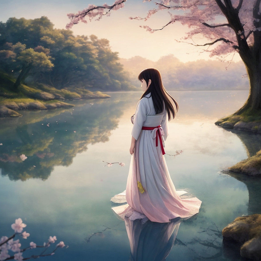 Serene Japanese Forest Scene in Vibrant Watercolor Style