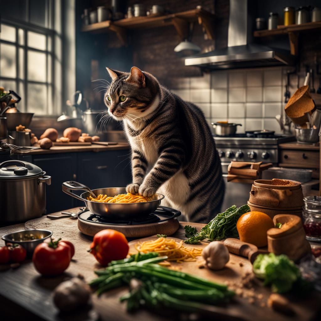Hyperrealistic Fat Cat Cooking with Cinematic Lighting