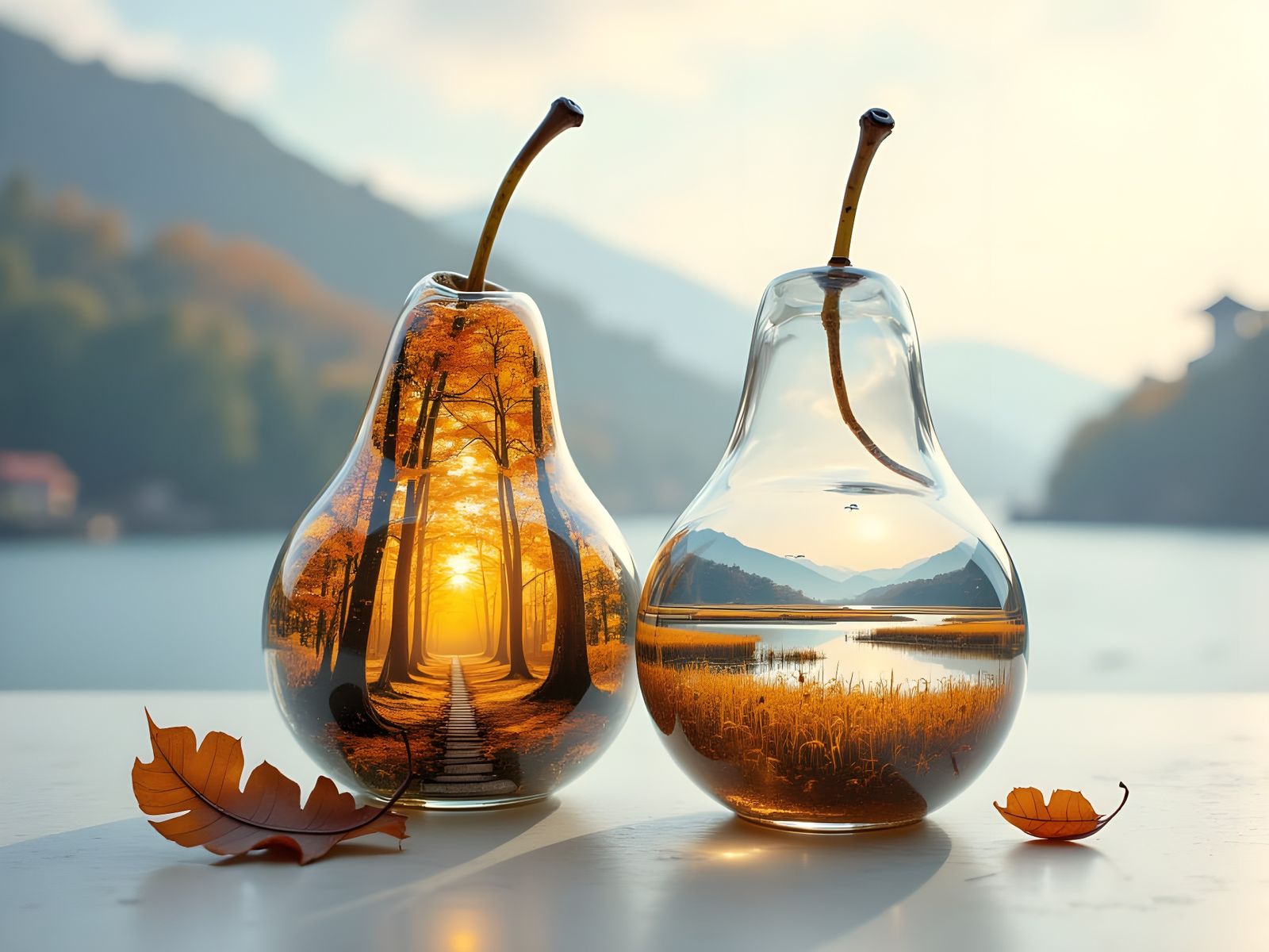 Glass Pears Encapsulating Japanese Autumn and Marsh Landscap...