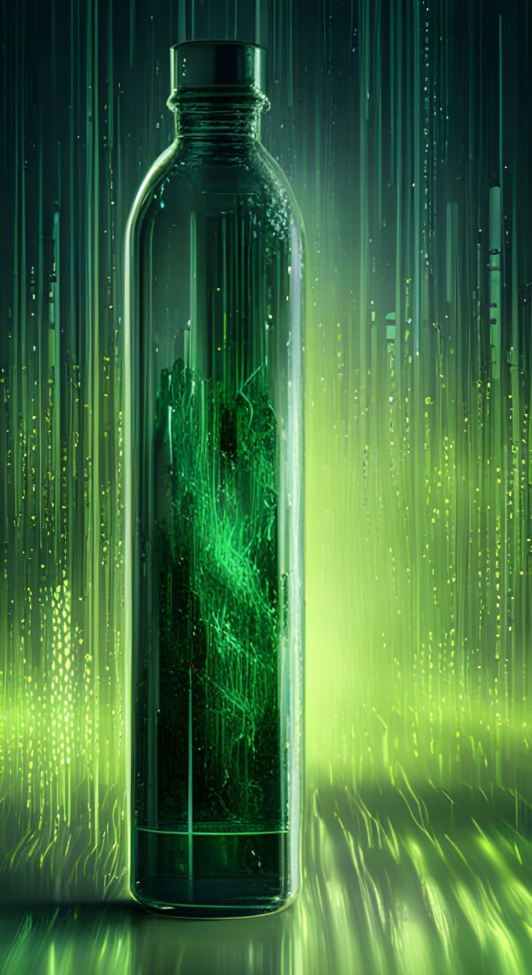 Matrix Code Rain in Glass Bottle, Hyperrealistic Style