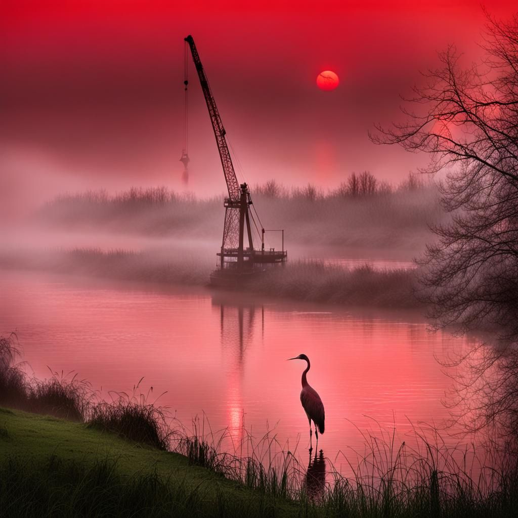 Eerie Red Crane in Foggy River Landscape