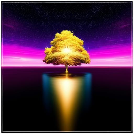 Golden Tree in a Vaporwave Dreamscape