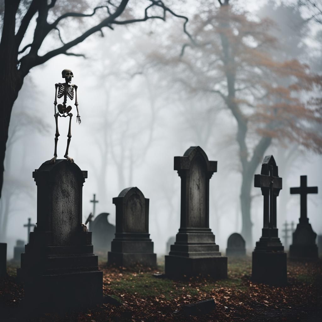 Eerie Skeletons in Graveyard Fog, Professional Photography