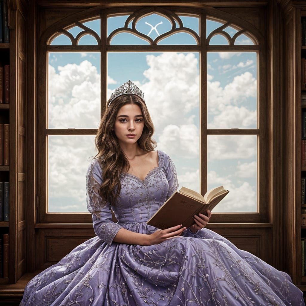 Elegant Woman Reads in Library Window with Whimsical Clouds