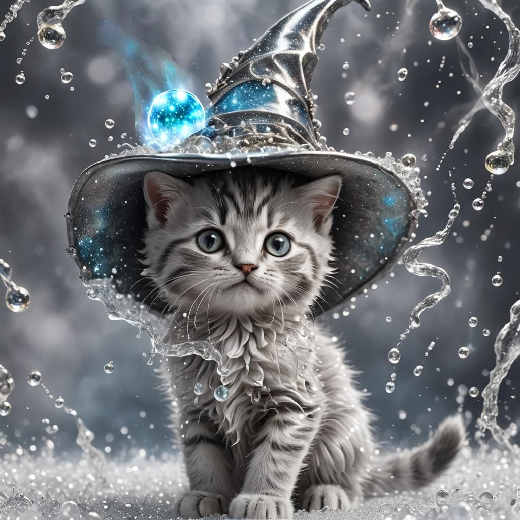 Liquid Silver Kitten Wizard in Fantasy Setting
