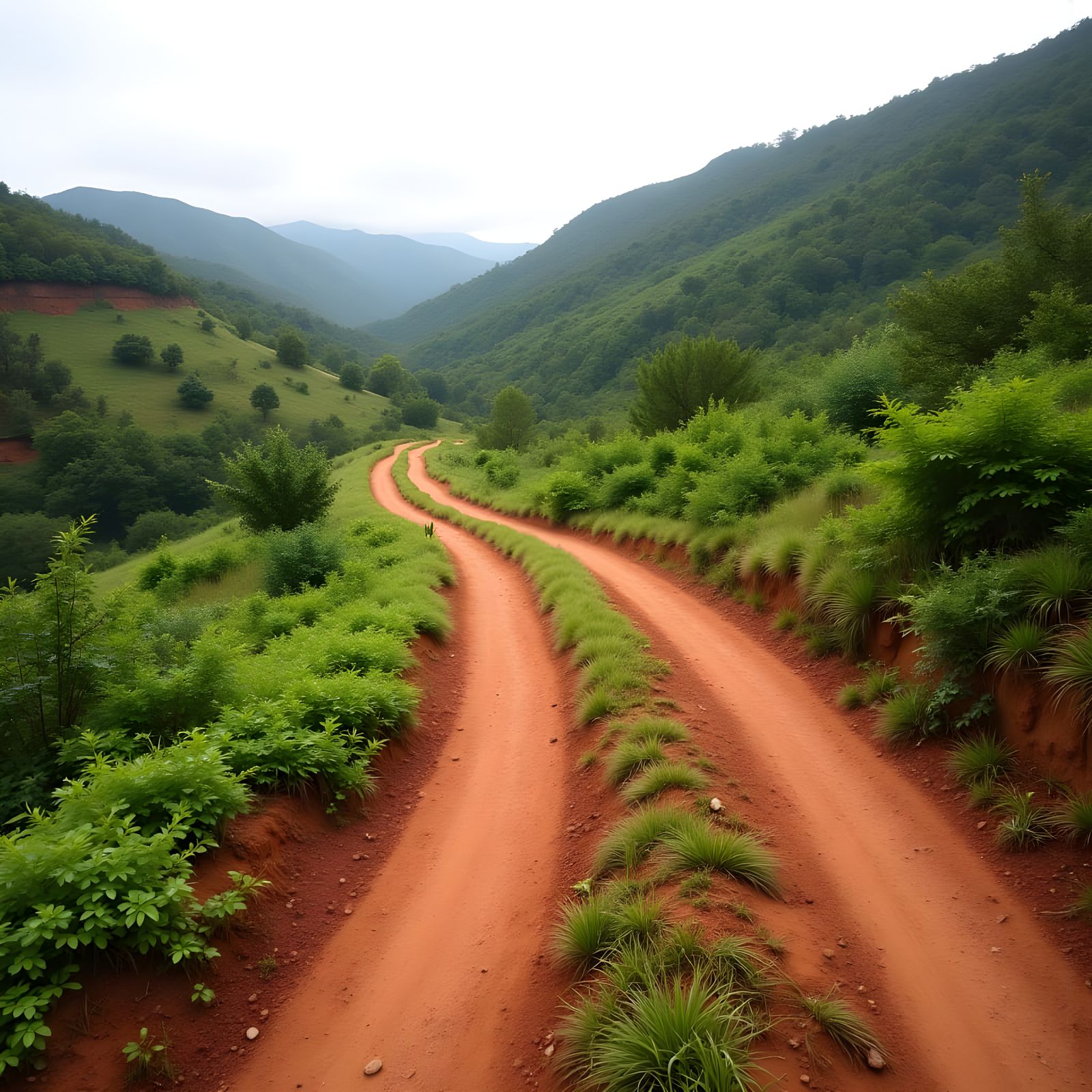 Dusty Path Unfolds Through Verdant Hillsides in a Soothing L...