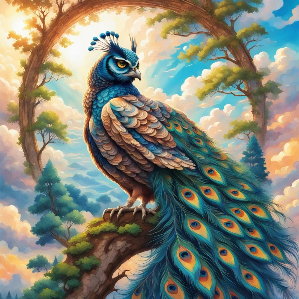 Peacock Owl Hybrid in Forest, Detailed Digital Painting