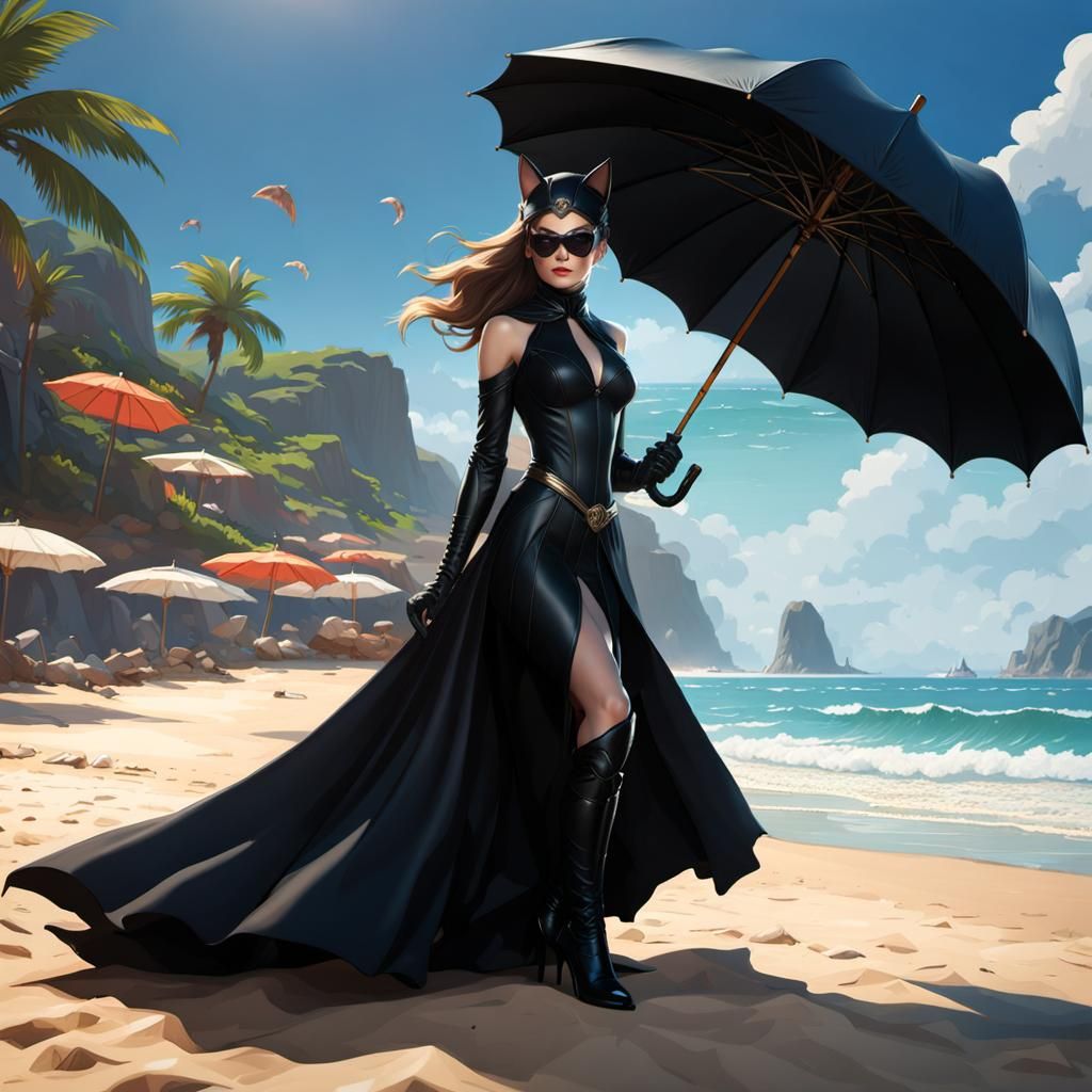 Cat Woman on Beach in Hyperdetailed Portrait