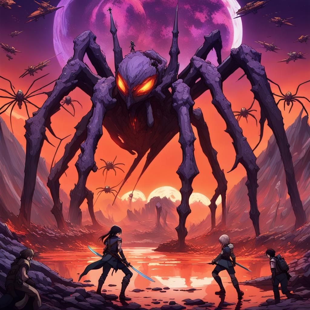 Anime Battle Scene on Purple Lava Planet