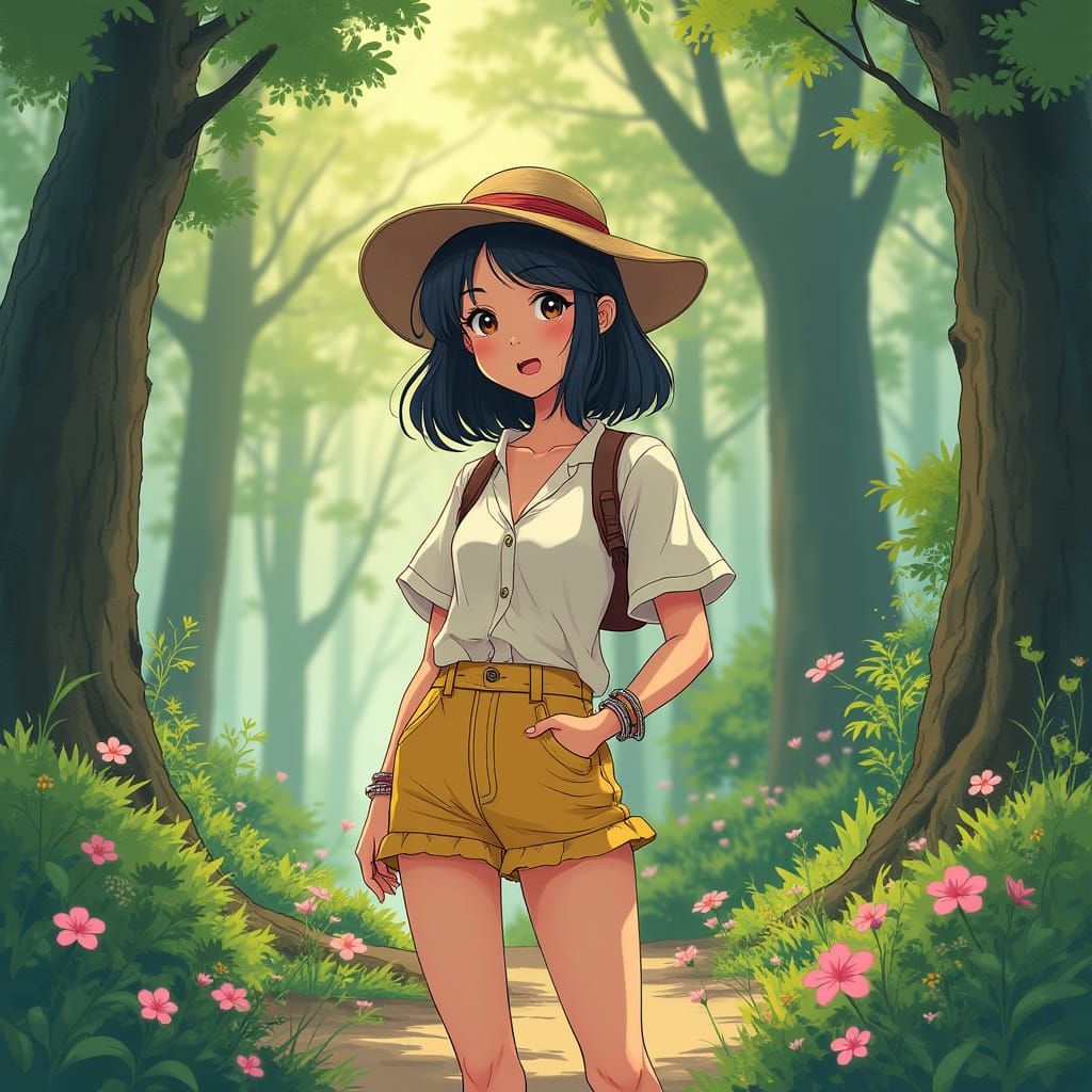 Asian Woman in Forest with Whimsical Anime Style