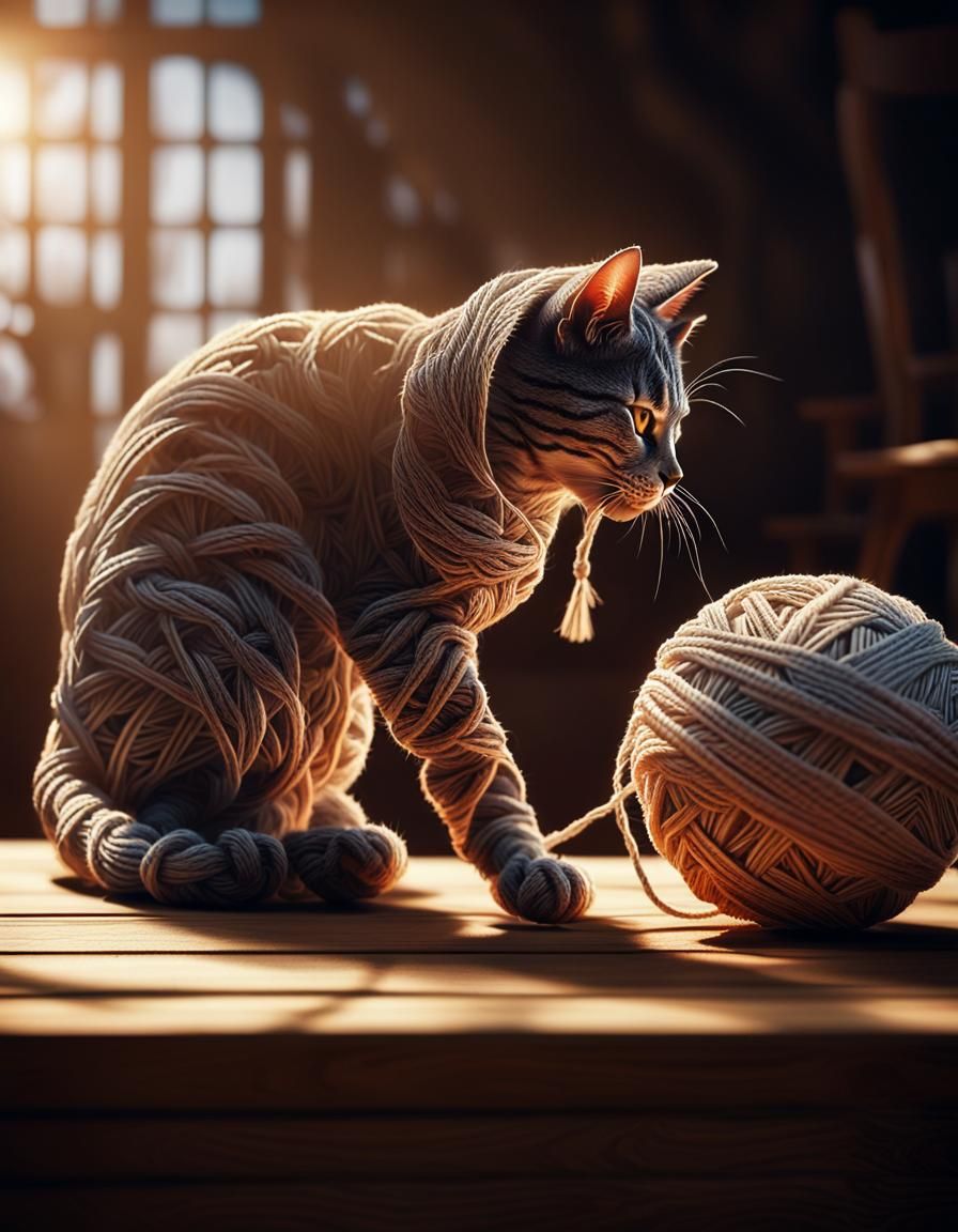Macrame Cat Playing: Hyper-Realistic Digital Art