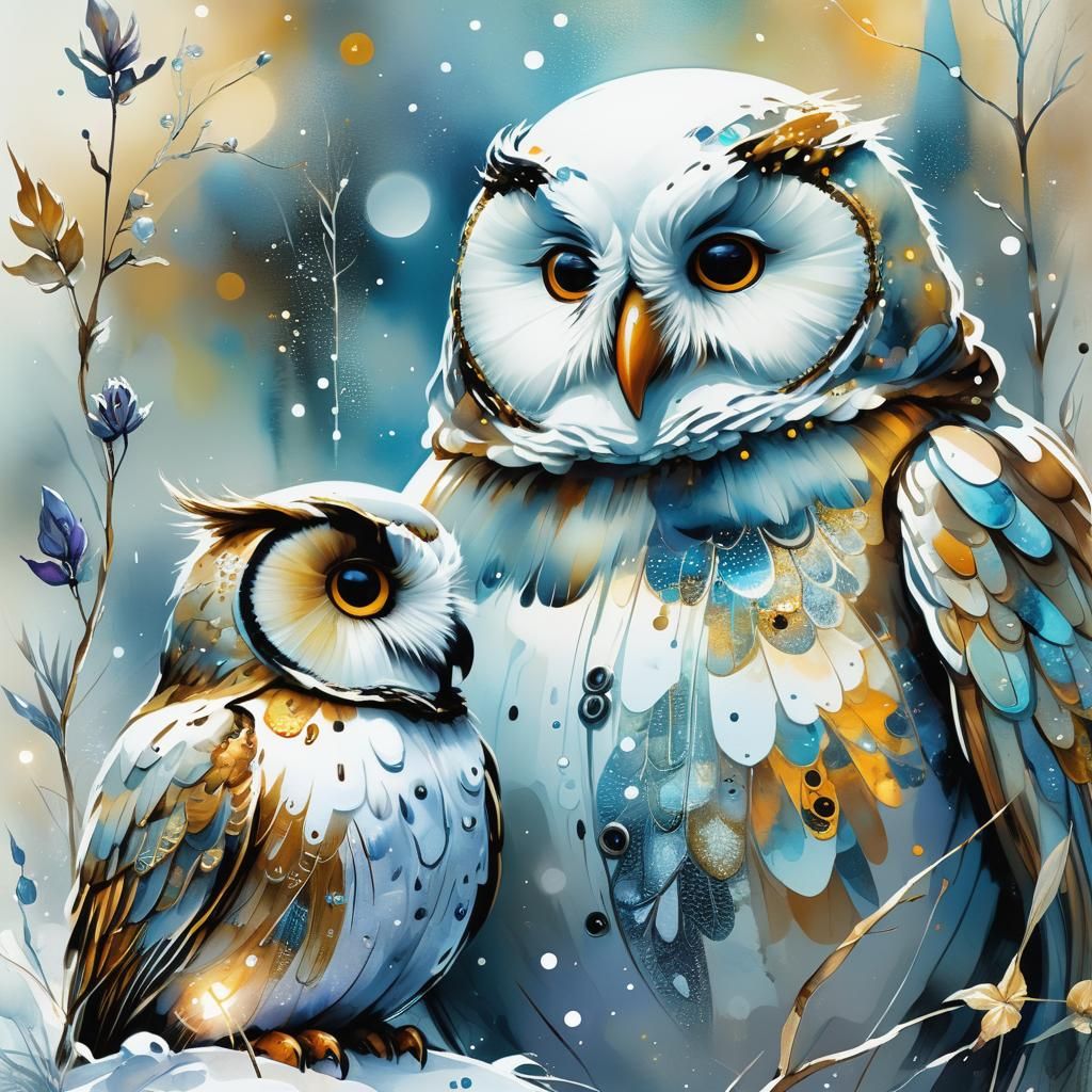 Glimmering Snowman and Owl in Digital Watercolor