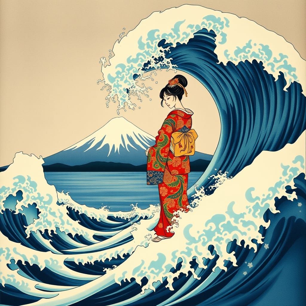 Majestic Japanese Woman Rides the Wave, Mount Fuji in Calm B...
