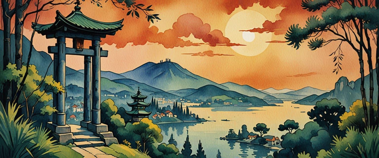 Black Torii Gate Overlooking City in Watercolor Comic Style