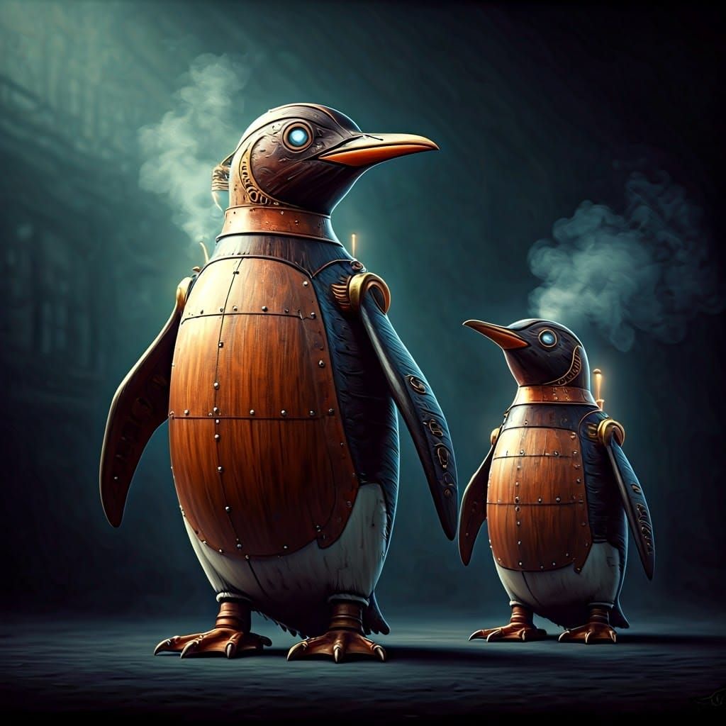 Steampunk Mechanical Penguins in Industrial Fog