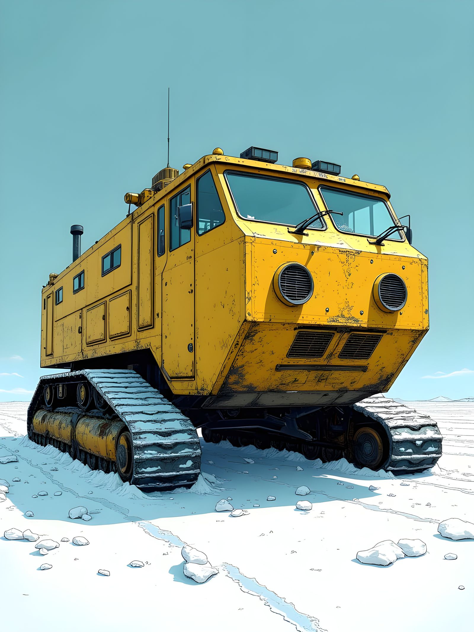 Arctic Explorer Vehicle in Snow Field Comic Style