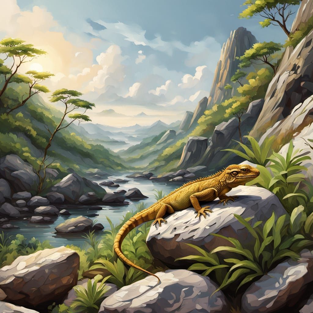Lizard on Rocky Slope in Hyper-Realistic Digital Art