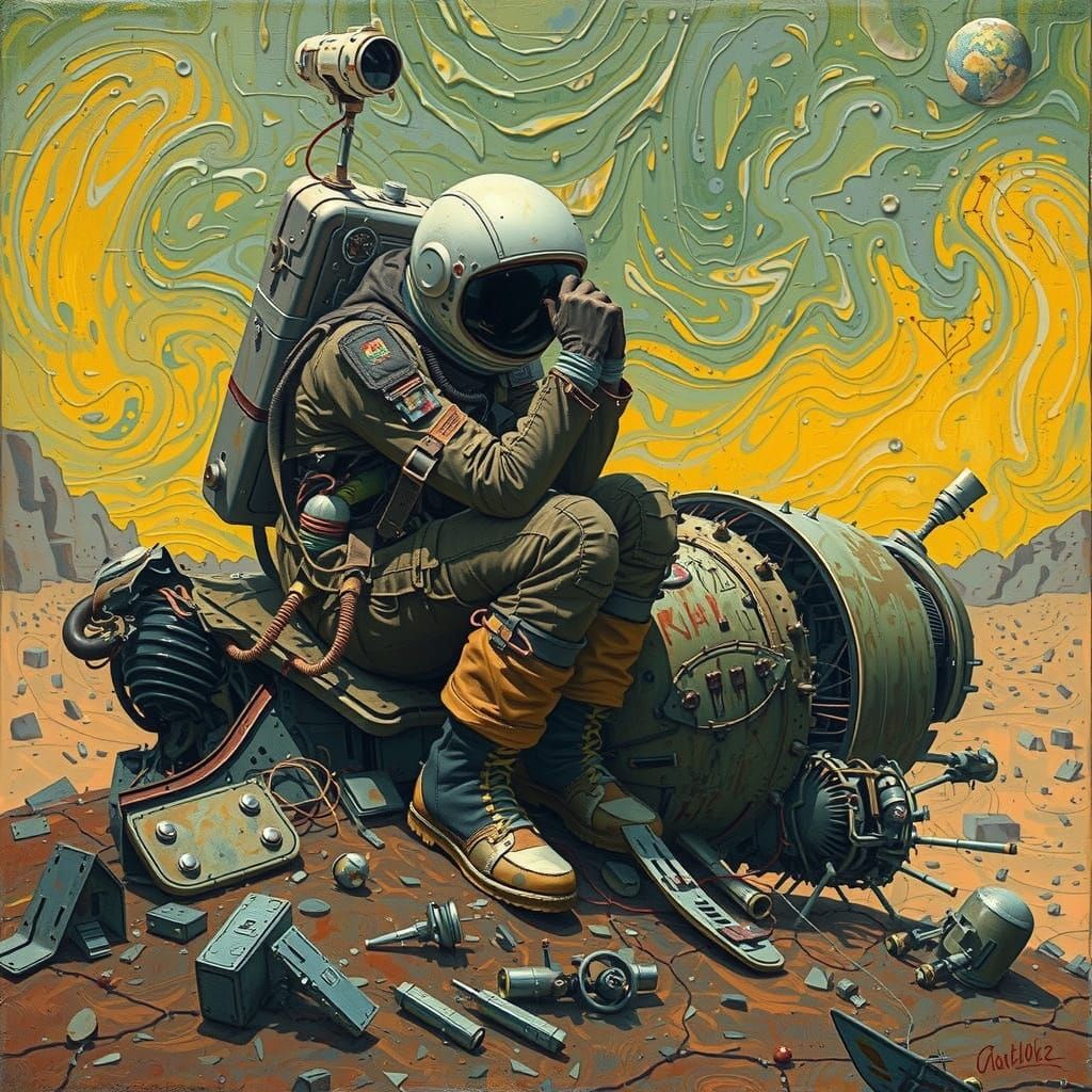 Despairing Space Explorer in a Barren Steampunk Landscape