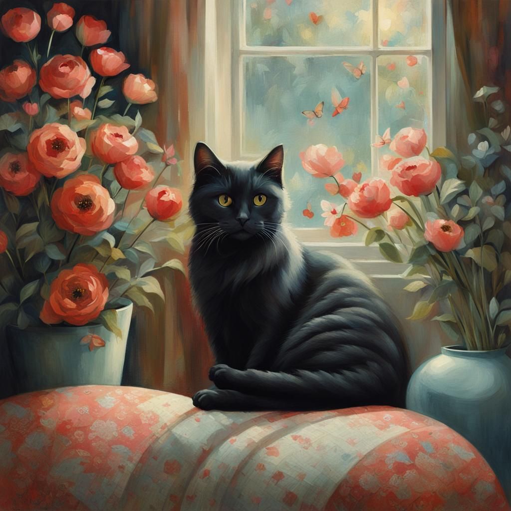 Cat on Pillow Surrounded by Flowers Illustration