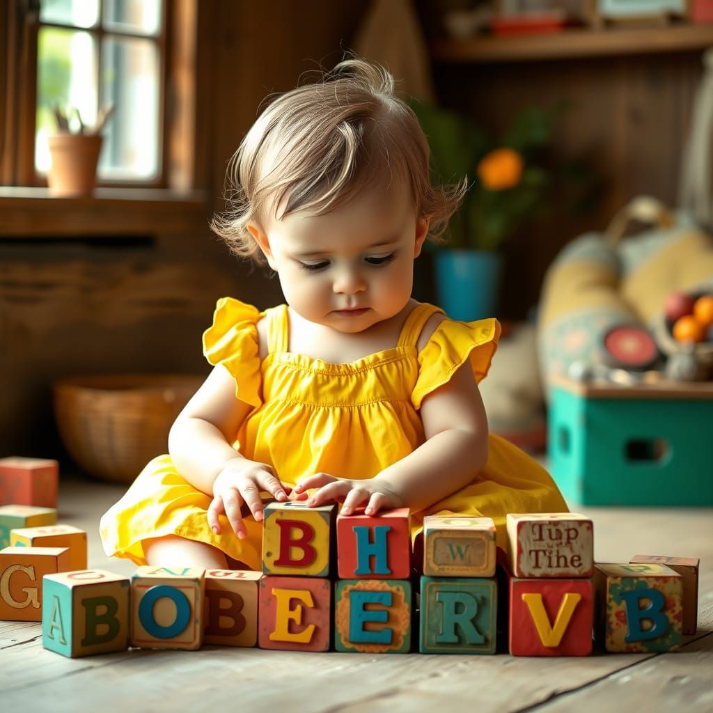 Toddler Plays with Alphabet Blocks in Whimsical Style
