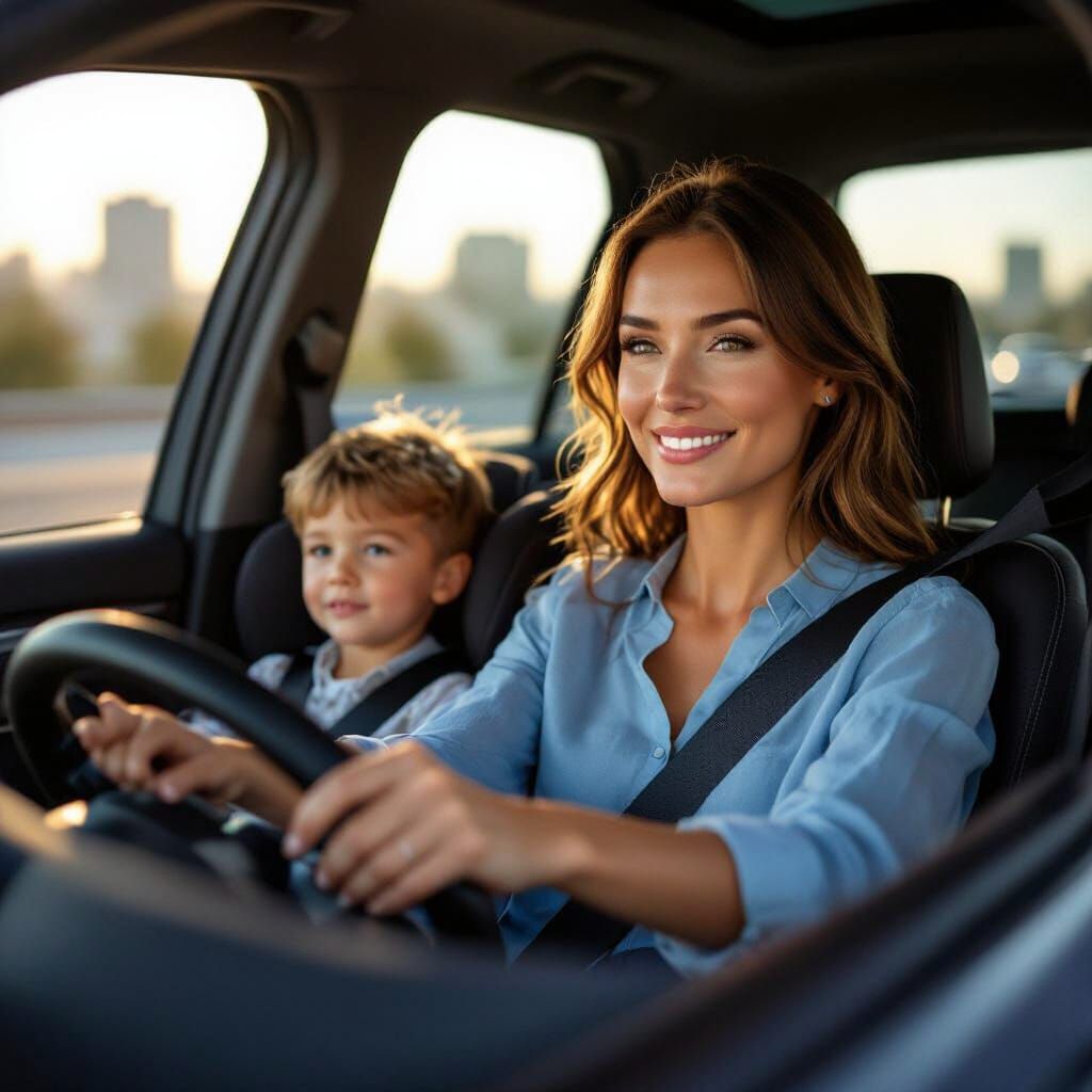 Serene Family Drive: Mother and Children in Sedan