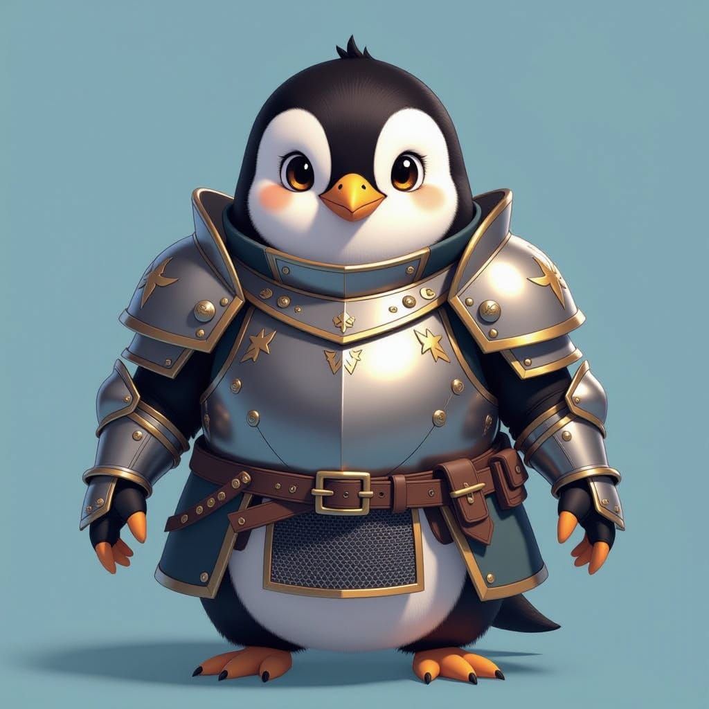 Penguin in Chivalrous Anime Armor
