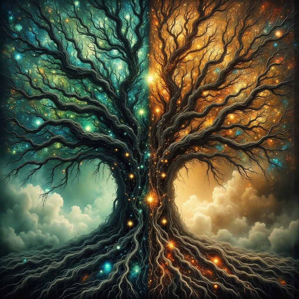 Mystical Tree of Duality in Fantasy Style