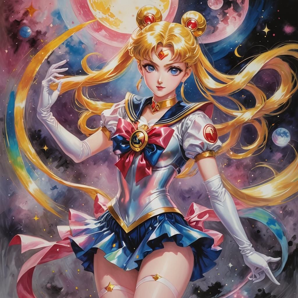 Iridescent Sailor Moon Action Pose, Oil Painting