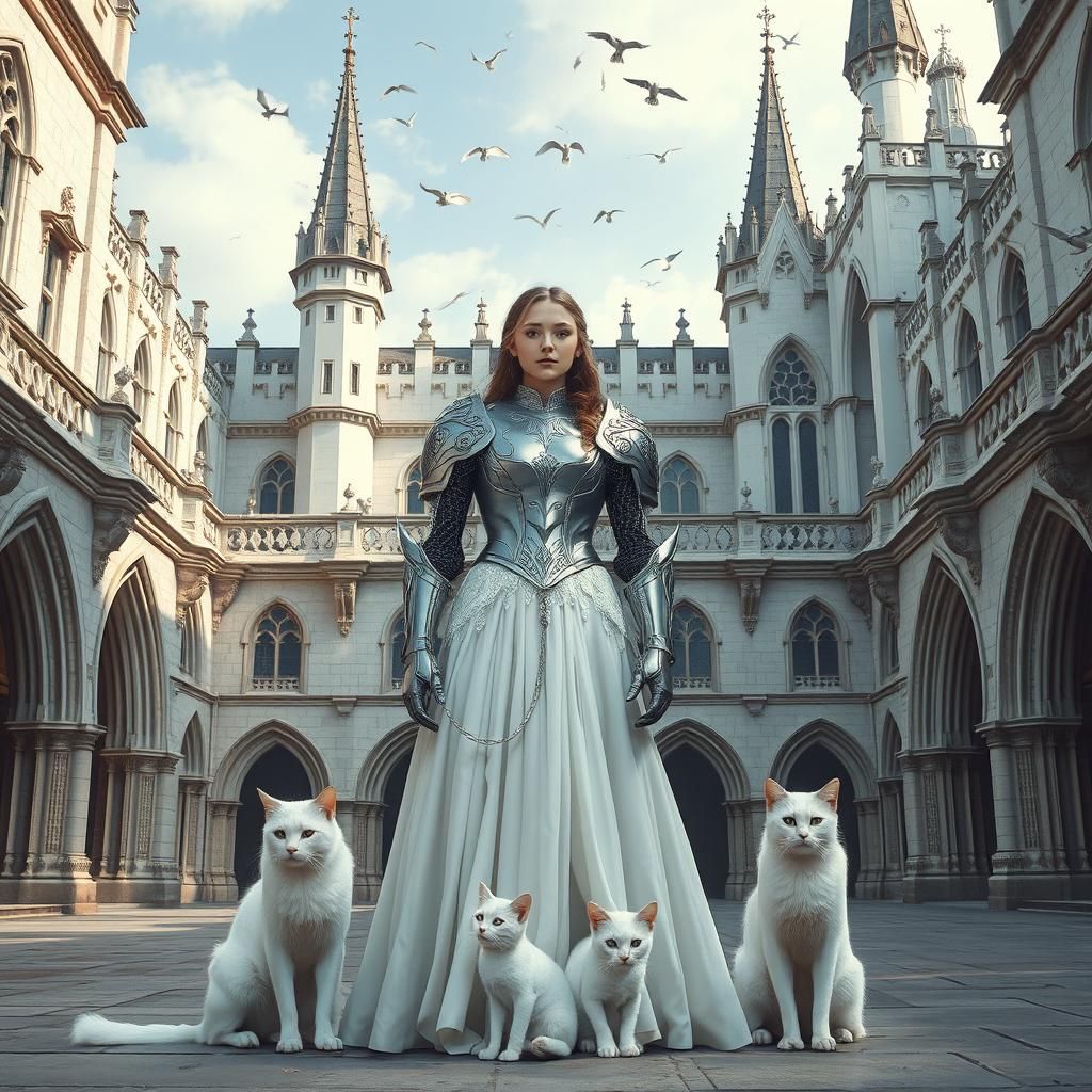 Princess in Silver Armor with White Cats