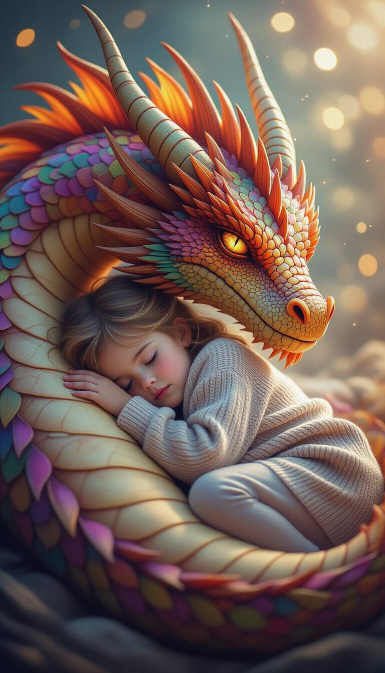 Child Sleeps with Dragon in Cinematic Fantasy Realism
