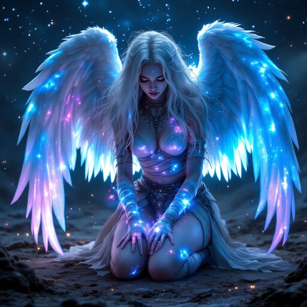 Celestial Dark Angel Amidst Starry Night Sky