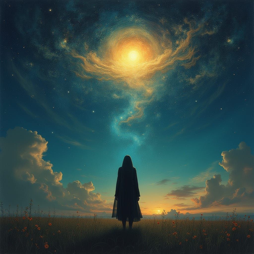 Person Gazing at Starry Sky with Luminous Symbols