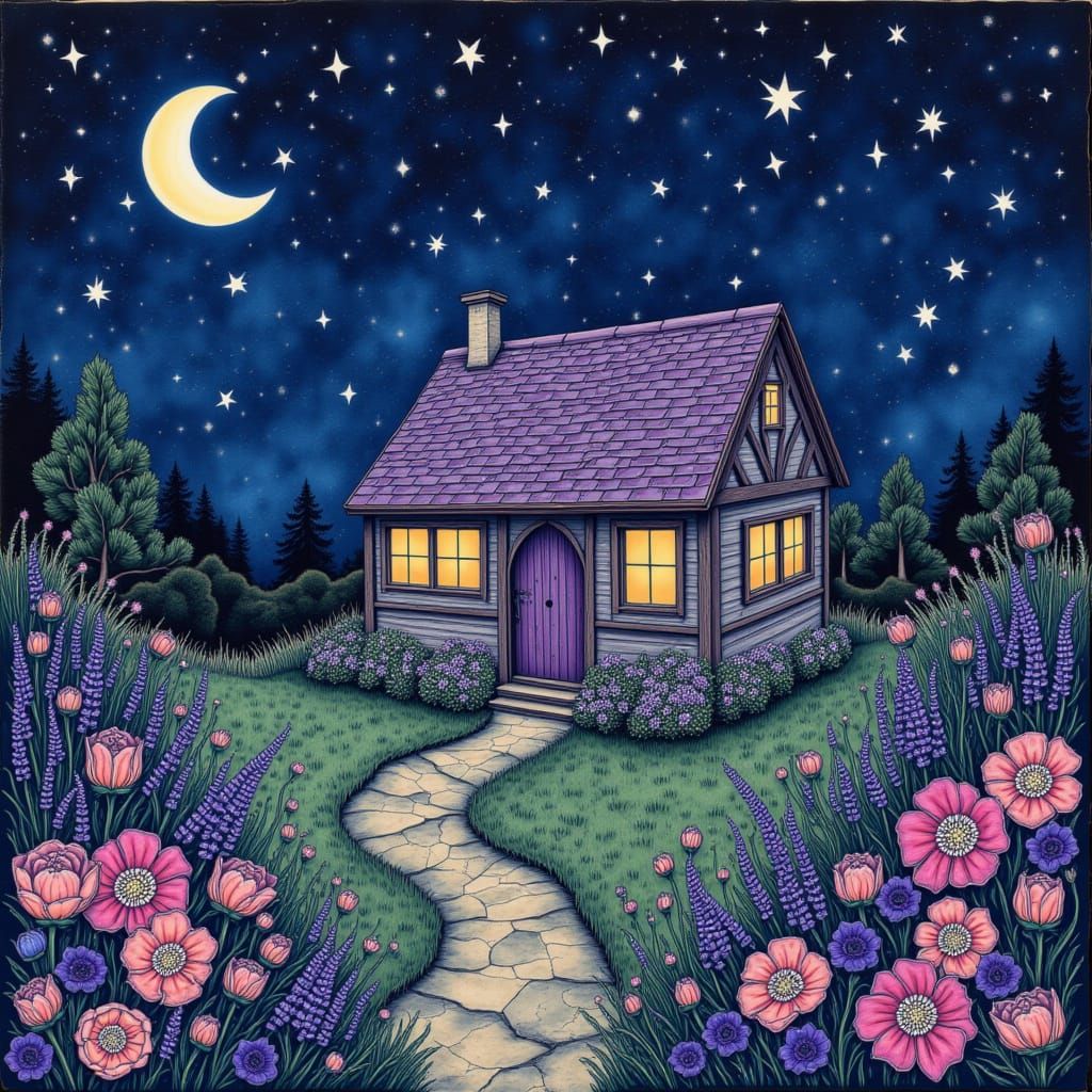 Dreamy Cottage Under Crescent Moon and Stars