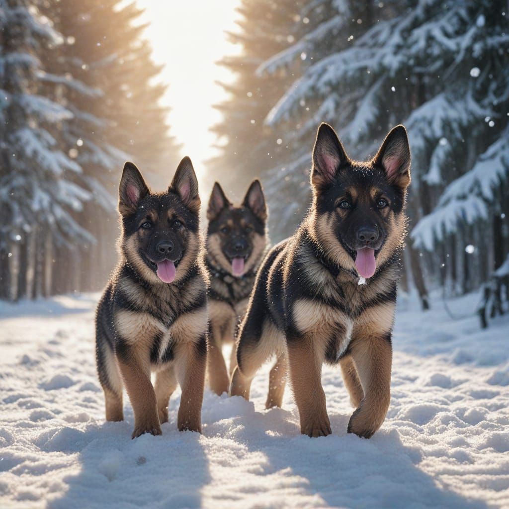 Whimsical German Shepherd Puppies in a Winter Wonderland